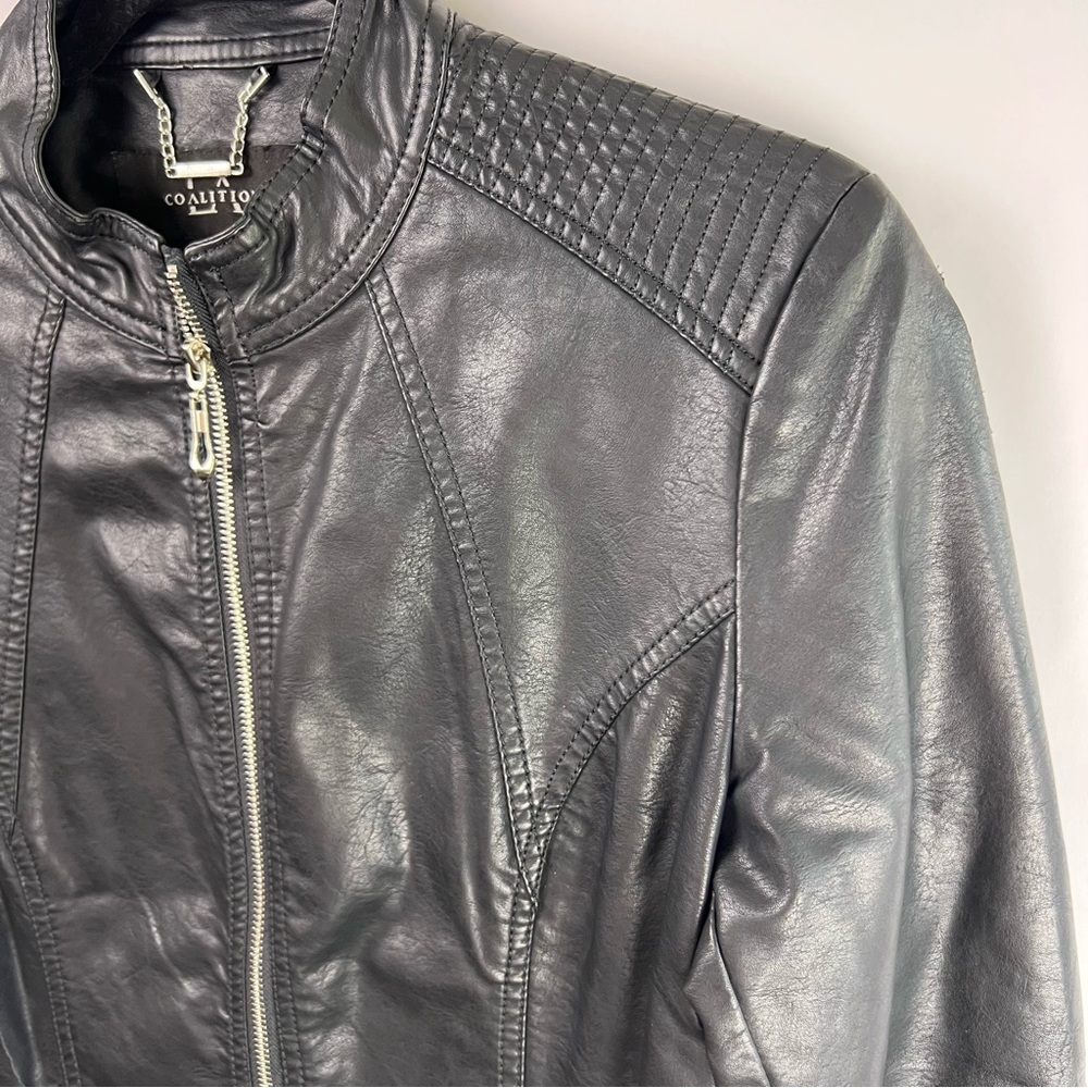 LA Coalition Black Moto Jacket, Faux Leather, Quilted, Zippered Pockets, Medium - Picture 4 of 12